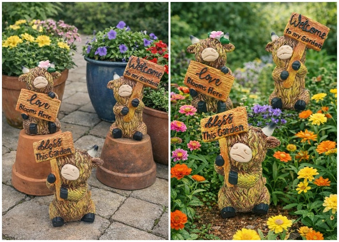 Highland Cow Garden Ornaments Set – Rustic Cement Décor